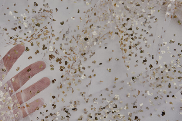 White Fine French Tulle with Gold Sequins fabric