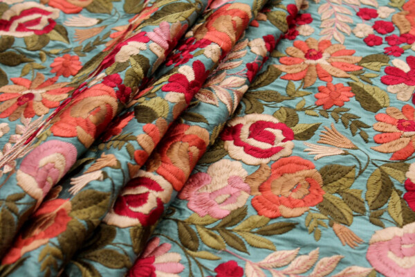 Floral Embroidery on Aqua Poly Dupion fabric