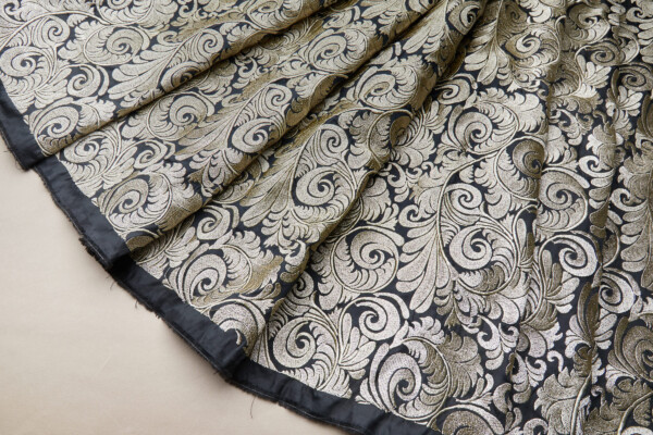 New Large Swirl Embroidered Dupion - Gold Metallic on Black fabric