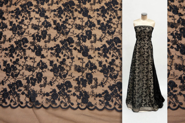 Delicate Floral Embroidery on Tulle - Black