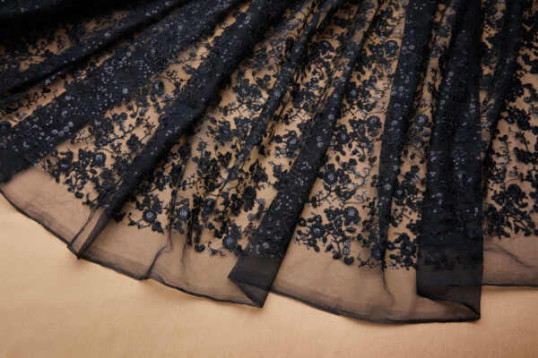 Delicate Floral Sequinned Embroidery on Tulle - Black