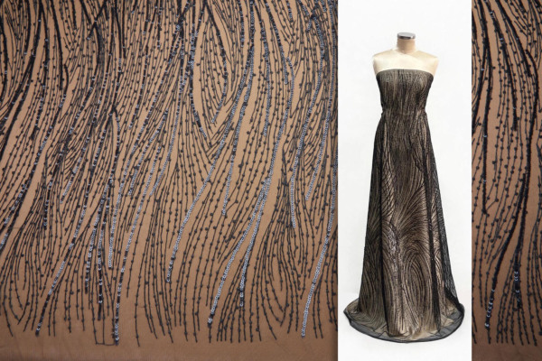Abstract Wave Lines Sequined Embroidery on Tulle - Black