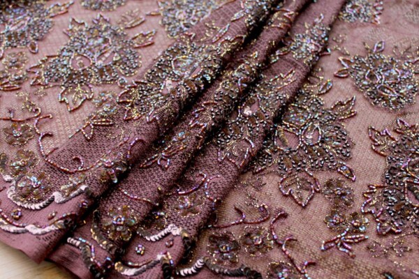 Brown Lace Mesh with Floral Gold Embroidery and Brown Beads fabric