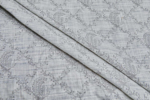 Grey Floral Embroidery on Ivory and Grey Slubby Weave fabric