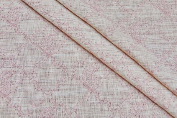 Dusty Pink Floral Embroidery on Ivory and Mauve Slubby Weave fabric