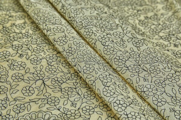 Black Floral Outline Embroidery on Pale Yellow Tassar