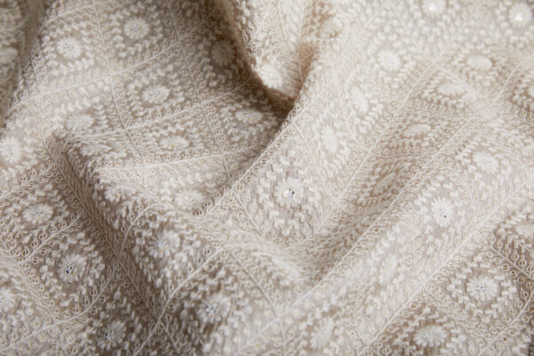 Diamond Embroidery with Gold Sequins on Ecru Silk Tassar / Tussah fabric
