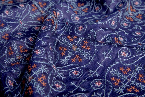 Embroidered Kashida Pattern on Navy Blue Silk Tassar / Tussah fabric