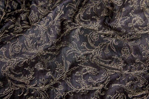 Mushroom Floral Outline Embroidery on Charcoal Silk Tassar