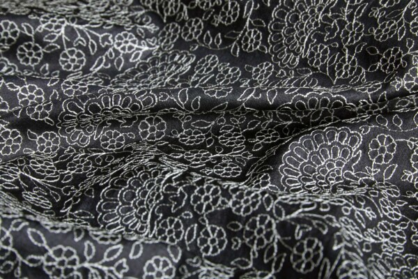 Ivory Floral Outline Embroidery on Black Silk Tassar