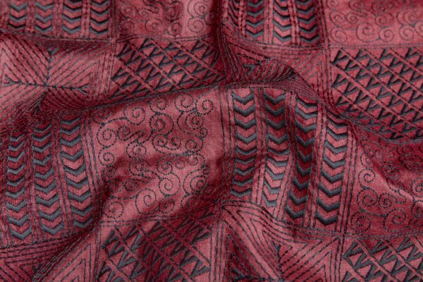 Geometric Black Embroidery on Burgundy Silk Tassar