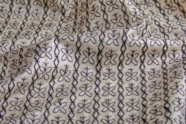 Black Graphic Embroidery on Cream Silk Tassar 