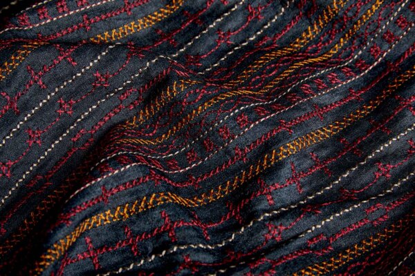 Red, Orange and Pinkish Grey Line Embroidery on Inky Black Silk Tassar / Tussah