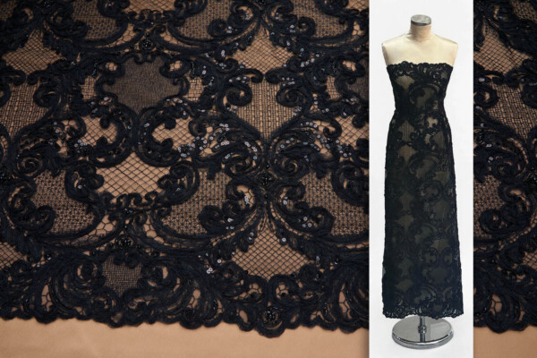 Ornate Beaded and Sequinned Embroidery on Tulle in Black