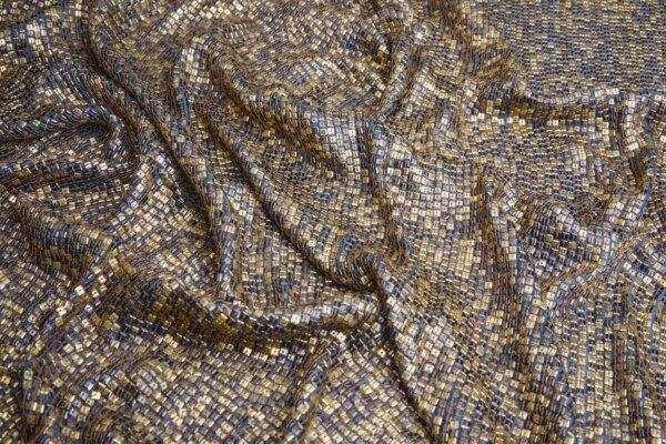 Square Sequins on Smoke Blue Georgette - Antique Bronze and Brass fabric