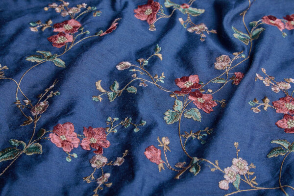 Embroidered Flowers on Cornflower Blue Silk Tassar / Tussah fabric