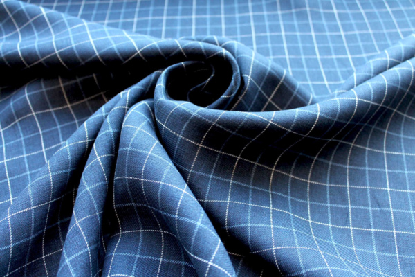 "Windowpane" Checked Linen in Navy, Mid Blue and Off White fabric
