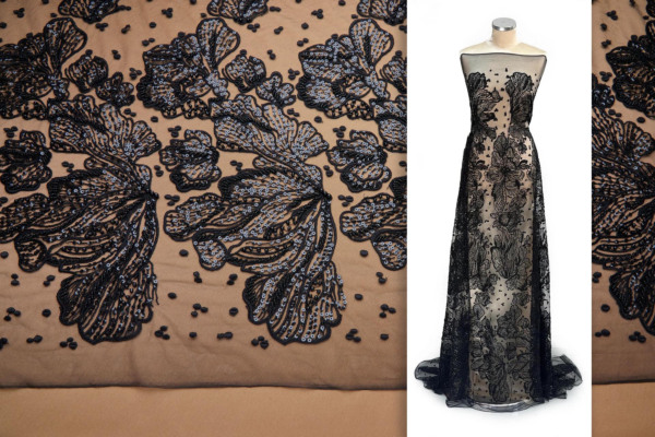 Large Beaded Floral Embroidery on Tulle - Black 
