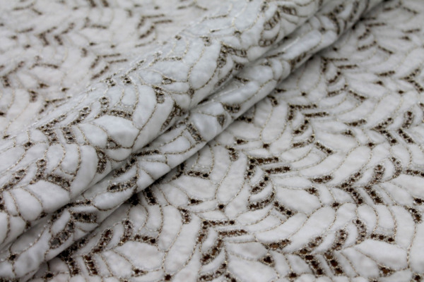 Ornate Gold Leaf Embroidery on Ivory Silk Velvet fabric