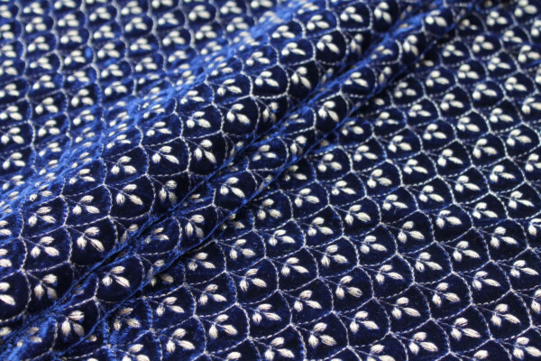 Ornate Gold Scale Embroidery on Royal Blue Silk Velvet fabric