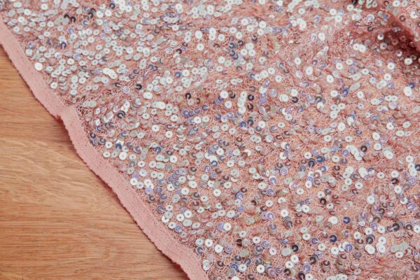 Iridescent Silver and Blush Sequin on Pink Mesh fabric