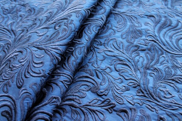 Swirly Embroidered Dupion - Navy on Navy fabric