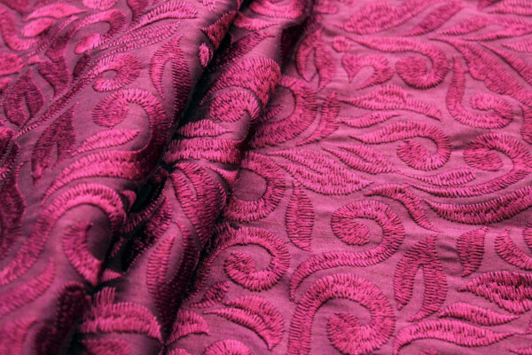 Swirly Embroidered Dupion - Burgundy on Burgundy fabric