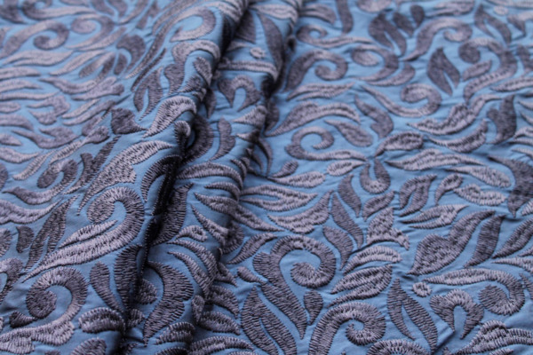 Large Swirly Embroidered Dupion - Navy on Navy fabric