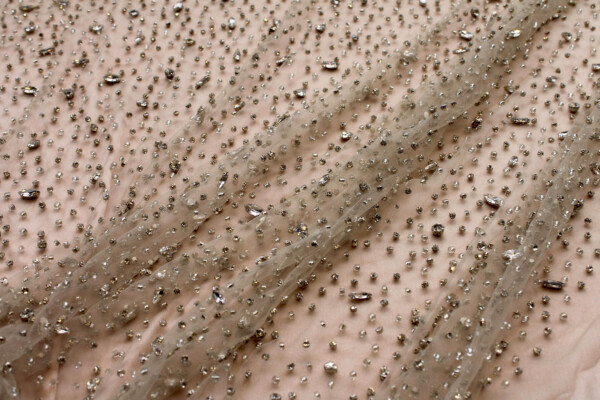Clear Crystals and Glass Beads on Nude Nylon Tulle fabric