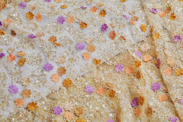 Dainty Purple, Saffron and Coral Flowers and Gold Sequins on Gold Lace fabric