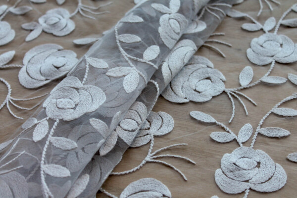 Floral embroidered Tulle - Grey fabric