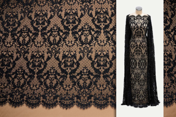 Ornate Beaded Leavers Lace in Black