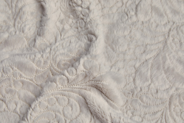 Stone Fluffy Short Pile Faux Fur with Ornate Leaf Embroidery fabric