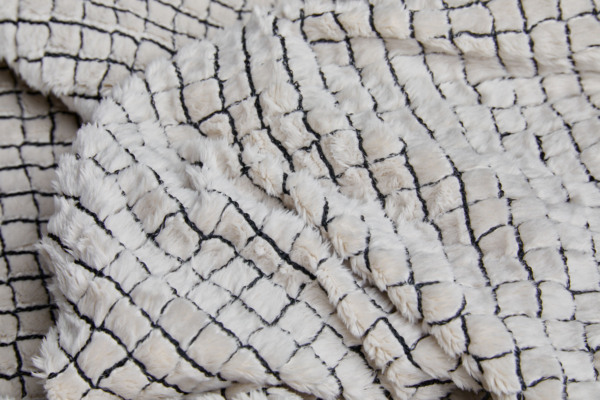 Stone Fluffy Short Pile Faux Fur with Black Grid Embroidery fabric