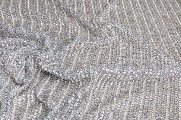 Metallic Mesh Fabric With Lines of Beads, Sequins and Diamante - Silver