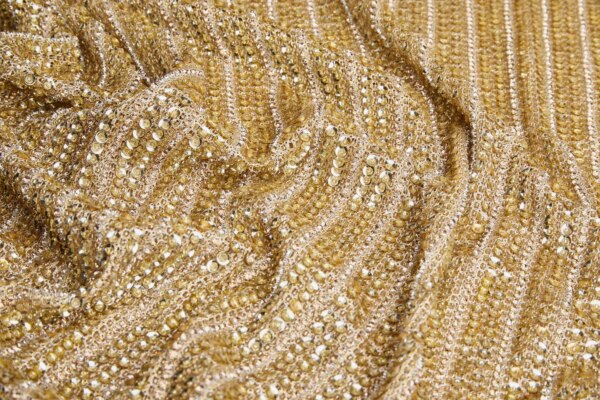 Metallic Mesh Fabric With Lines of Beads, Sequins and Diamante - Gold