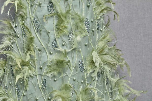 Beaded and Sequinned Tulle with Pearls and Feathers - Sea Spray and Spring Green fabric