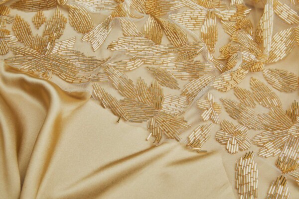 Large Abstract Beaded Gold Flowers on Cream Tulle fabric