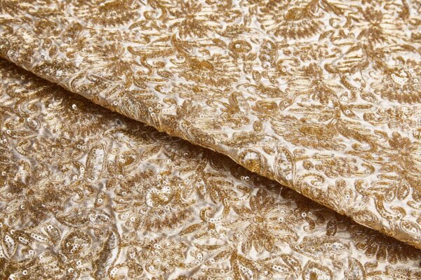 Floral Embroidery, Cording and Sequins in Gold on Gold Dupion fabric