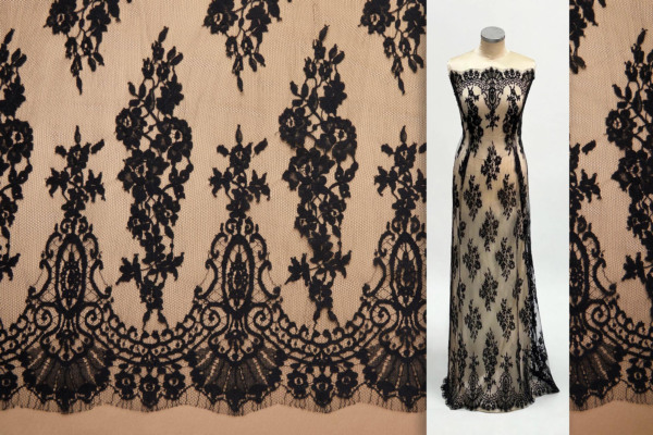 Decorative Border Floral Leavers Lace in Black 