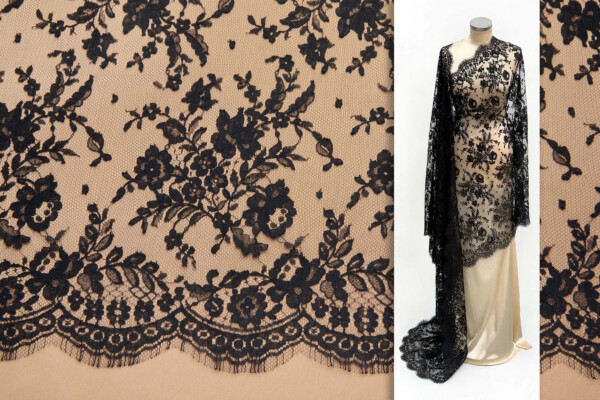 Classic Floral Bouquet Leavers Lace in Black - 90cm