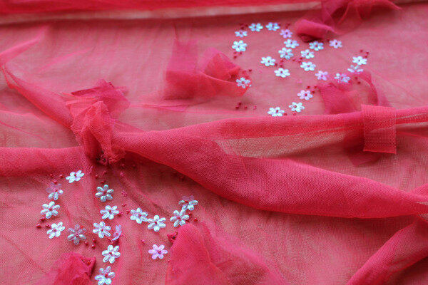 Layered Red Tulle with Tassels and Flower Sequins fabric
