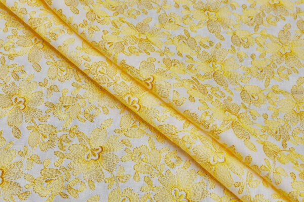 Floral Embroidered Linen - Yellow on Off-White fabric