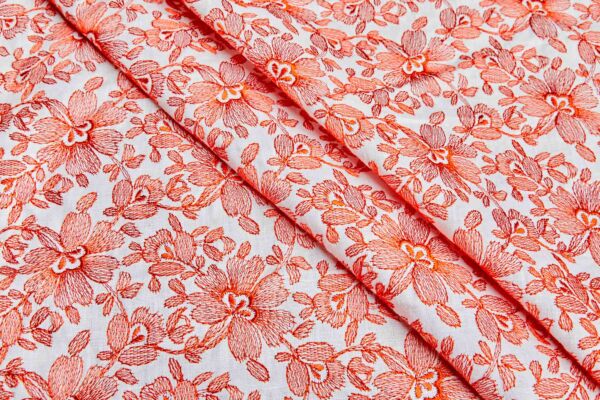 Floral Embroidered Linen - Coral Red on Off-White fabric