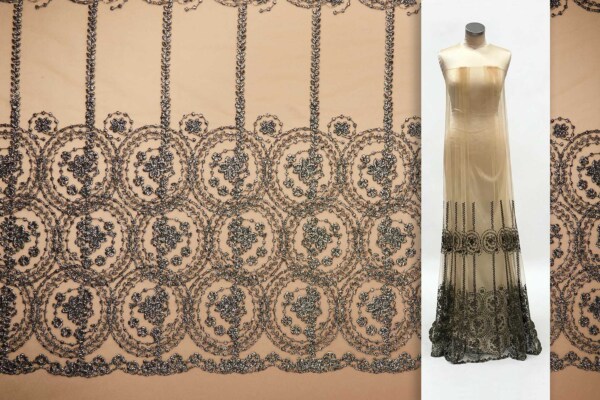 Floral Medallion Black and Gold Embroidery on BlNudeck Illusion Tulle