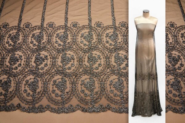 Floral Medallion Black and Gold Embroidery on Black Illusion Tulle