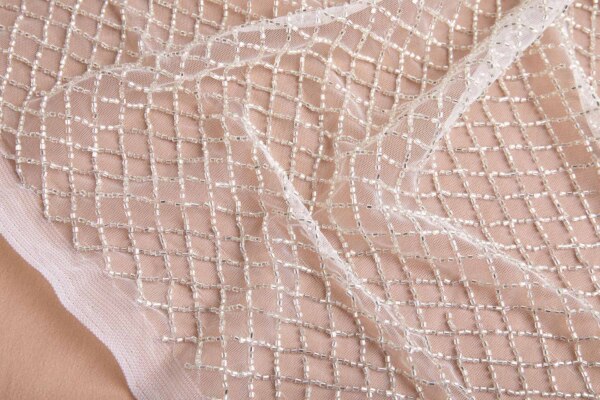 Warm Silver Beaded Fishnet Design on White Tulle fabric