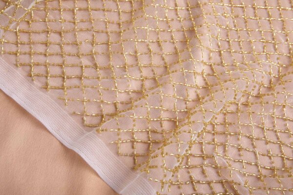 Gold Beaded Fishnet Design on Ivory Tulle fabric