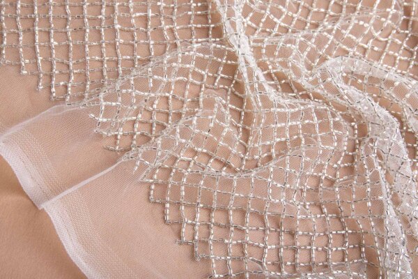 Cool Silver Beaded Fishnet Design on Ivory Tulle fabric