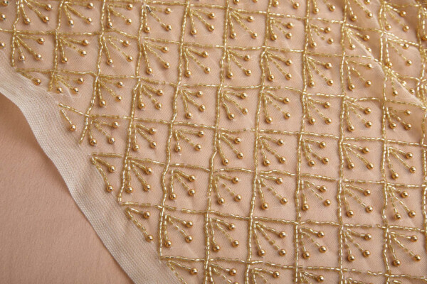 NEW VERSION - Gold Beaded Trellis Pattern on Tulle with Pearls fabric